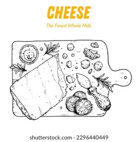 Hand drawn sketch of parmesan cheese on wooden board. Dairy farm products cheese. Engraved style