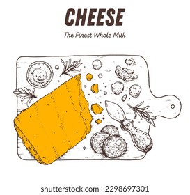 Hand drawn sketch of parmesan cheese on wooden board. Dairy farm products cheese. Engraved style