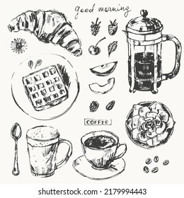 Hand drawn sketch of pastry breakfast dessert bakery sweet food, coffee pot, espresso, latte cup set. For cafe menu, food background design.