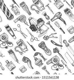 Hand drawn sketch pattern for barbershop. Accessories for the hairdresser, made in graphic style.