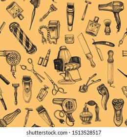 Hand drawn sketch pattern for barbershop. Accessories for the hairdresser, made in graphic style.