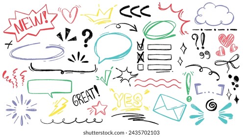 Hand drawn sketch pencil punctuation marks, brush stroke, underline, emphasis, arrow, speech bubble, highlight text elements. Color charcoal doodle check mark, phrases, swoop line, cross freehand icon