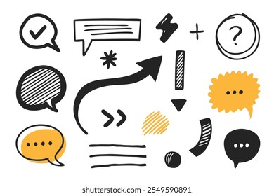 Hand drawn sketch pencil punctuation marks, brush stroke, underline, emphasis, arrow, speech bubble, highlight text elements isolated flat vector illustration