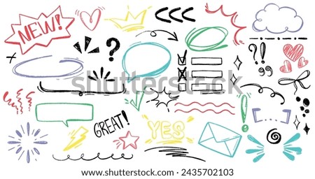 Hand drawn sketch pencil punctuation marks, brush stroke, underline, emphasis, arrow, speech bubble, highlight text elements. Color charcoal doodle check mark, phrases, swoop line, cross freehand icon