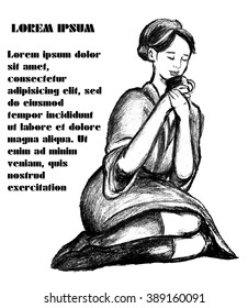 Hand drawn sketch in pencil of a women drinking a tea