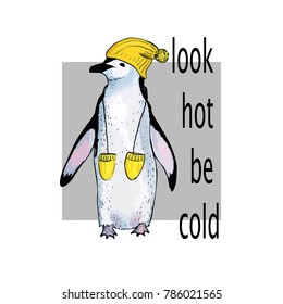 Hand drawn sketch of penguin on grey rectangle with text. Layered vector illustration.