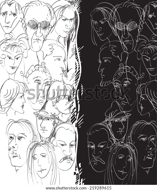 Hand\
drawn sketch of people faces on half white and half black area,\
concept of different people - different\
opinions