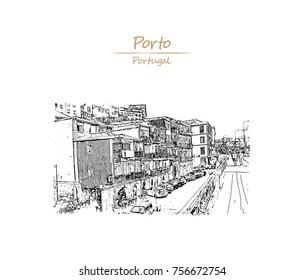 Hand Drawn sketch of People go along the street in the old city. Old houses make attractive skyline in downtown Porto, Portugal in vector illustration.