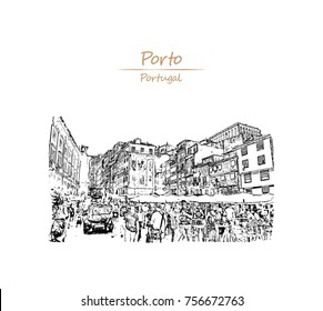 Hand Drawn sketch of People go along the street in the old city. Old houses make attractive skyline in downtown Porto, Portugal in vector illustration.