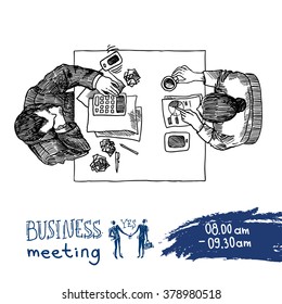 Hand drawn sketch of people in the office. Top view.