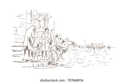 Hand drawn sketch of People on Varanasi ghat in vector.