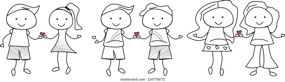 Hand drawn sketch person  gay  lesbian   heterosexual couple