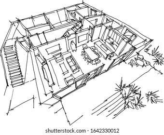 hand drawn sketch of Perspective cut away diagram of living room with kitchen and terrace in the ground floor of detached house 