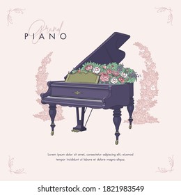 Esbozo dibujado a mano del piano y las flores