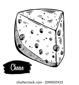 Hand drawn sketch piece of cheese. Vector black and white vintage illustration. Isolated object on white background