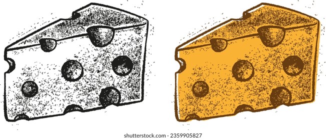 Hand drawn sketch piece of cheese. Vector black and white and color vintage illustration. Isolated object on white background.
