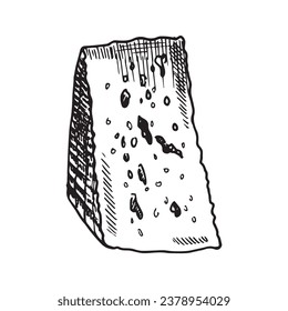 Hand drawn sketch piece of cheese. Vector black and white vintage illustration. Isolated object on white background