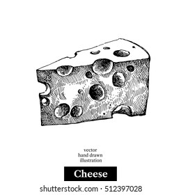 Hand drawn sketch piece of cheese. Vector black and white vintage illustration. Isolated object on white background