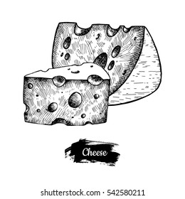 Hand drawn sketch piece of cheese. Vector vintage illustration. Menu design.