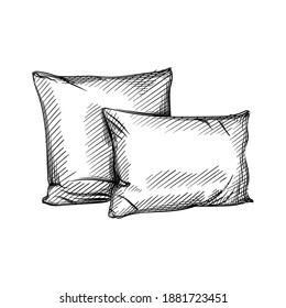 Hand drawn sketch of pillows on a white background. Black and white sketch of two pillows. Going to sleep. Sleeping set