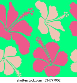 Hand drawn sketch. Of pink, beige and green hibiscus flowers, blossom with leaves isolated. Watercolor painting effect, Vector illustration. Hibiscus flowers in pink, beige and green colors.