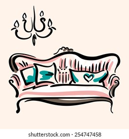 Hand drawn sketch of a pink classic couch with blue pillows. Elegant furniture.