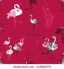 Hand drawn sketch pink flamingo pattern. Vector seamless background with tropical flamingo, bird of fashion and love. Pink backdrop.