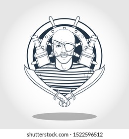Hand drawn sketch, pirate face with  steering wheel and bottle of rum. Poster, flyer design