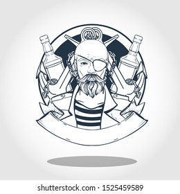 Hand drawn sketch, pirate face with beard, anchor and bottle of rum. Poster, flyer design