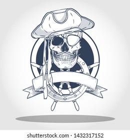 Hand drawn sketch, pirate skull with mustaches, pirate hat, eye patch and ship’s steering wheel. Poster, flyer design