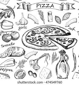 Hand drawn sketch Pizza ingredients vintage seamless pattern. Vector illustration background.