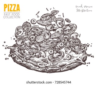 Hand drawn sketch pizza with salami and vegetables. Italian dish whole pizza with different ingredients in engraved vintage style and signature. Vector illustration isolated on white background