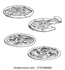 Hand drawn sketch pizza set. Different types of traditional Italian food. With salami, prosciutto, seafood, vegetables. Best for menu designs, take away and delivery packages. Vector illustrations.