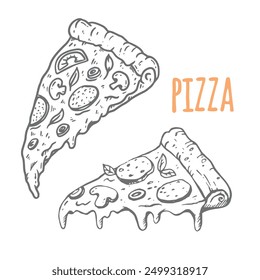 Hand drawn sketch pizza slice. Pizza with salami,mushrooms, basil leaf and melted cheese for pizzeria package and menu designs. Vector illustration.