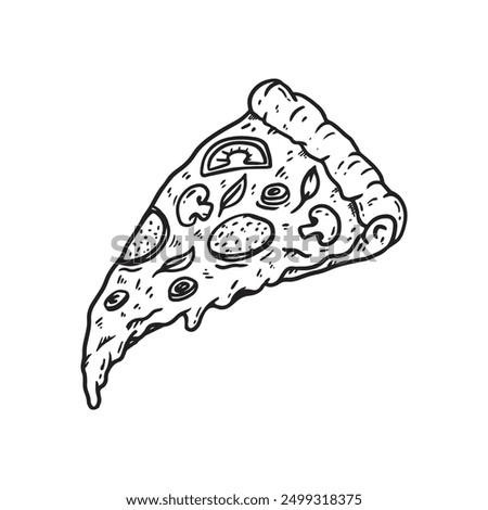 Hand drawn sketch pizza slice. Pizza with salami,mushrooms, basil leaf and melted cheese for pizzeria package and menu designs. Vector illustration.
