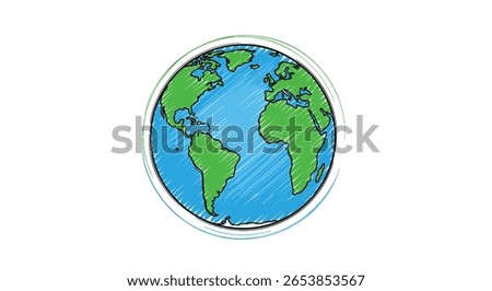A hand drawn sketch of the planet earth showing continents and oceans with a blue and green color palette on a white background
