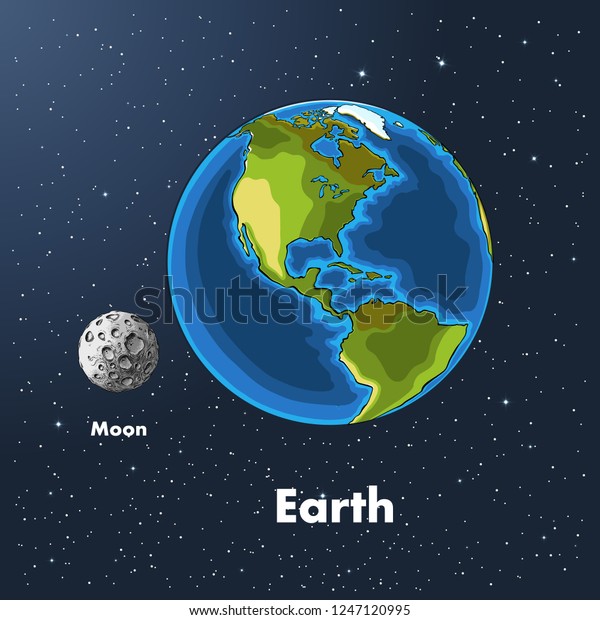 Hand drawn sketch of the planet earth\
and moon in color, against the background of space. Detailed\
drawing in the style of the harvest. Vector\
illustration