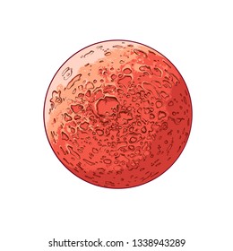 Hand drawn sketch of planet mars in color, isolated on white background. Detailed drawing in the style of vintage. Vector illustration