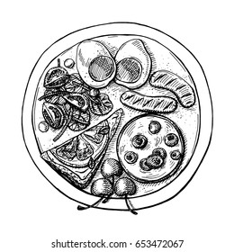 Hand drawn sketch of plate with eggs, yogurt, sausage, salad and toast isolated on a white