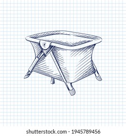 Hand drawn sketch of playpen for babies on a white background. Black and white sketch of foldable playpen for kids. Baby items.	
