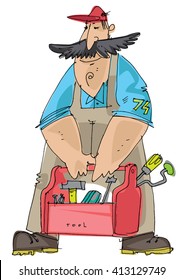 Hand drawn sketch of plumber holding toolbox - cartoon
