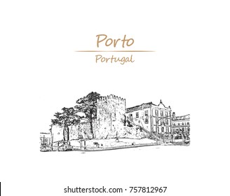 Hand drawn sketch of Porto Cathedral is a Roman Catholic church, Portugal in vector illustration.