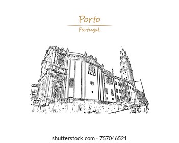 Hand drawn sketch of Porto City Hall on Liberdade Square, Porto in vector illustration.