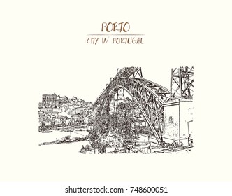 Hand drawn sketch of Porto, Portugal Douro river the and the Porto Bridge. Vector illustration.