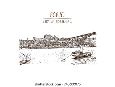 Hand drawn sketch of Porto, Portugal Douro river the and the Porto Bridge. Vector illustration.