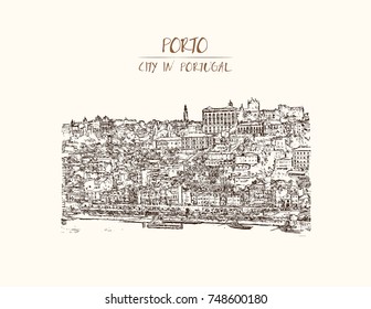 Hand drawn sketch of Porto, Portugal old town on the Douro River. Vector illustration.