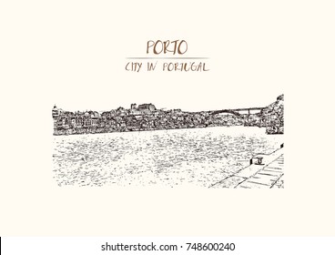 Hand drawn sketch of Porto, Portugal old town on the Douro River. Vector illustration.