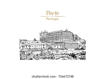 Hand Drawn sketch of Porto, Portugal old town skyline in vector illustration.