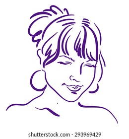 Hand drawn sketch portrait of a girl with earrings and curly hair.