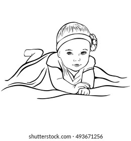 Hand Drawn Sketch Portrait of pretty baby girl. newborn girl